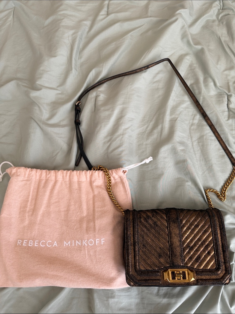 Rebecca Minkoff Metallic Bronze Quilted Crossbody with Gold Hardware